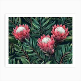 Tropical Exotic Seamless Pattern With Protea Flowers In Tropical Leaves 1 Art Print