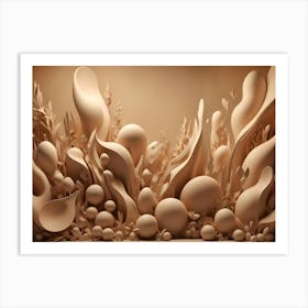 An Elegant Arrangement Of Cream Colored Organic Shapes, Resembling Leaves, Flowers, And Spheres, On A Matching Background Art Print