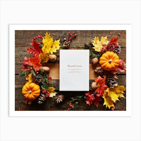 Autumn Themed Table Decor Featuring An Assortment Of Yellow And Orange Leaves Acorns Amidst A Garde Art Print