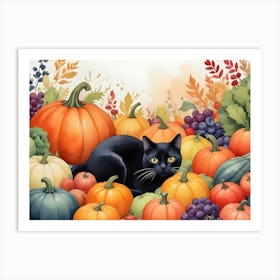 Black Cat Hidden In A Colorful Autumn Harvest Art Print