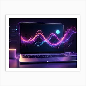 A Laptop With A Glowing Screen Displaying A Colorful Abstract Waveform, Accompanied By A Coffee Cup And A Mouse Art Print