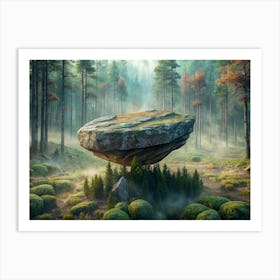 Mysterious Floating Rock In Misty Forest Art Print