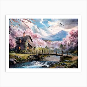 Mountain River and Cherry Blossom Painting#7 Art Print