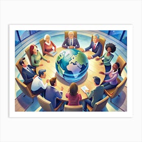 Diverse Group Of People Meeting Around A Table With A Globe In The Center Art Print