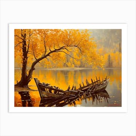 A Small Shabby Boat On A Serene Lake Art Print