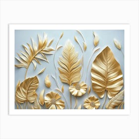 Gold Floral Plants and Palm Leaves on Grey Abstract with Tropical Leaves Banana Leaves Art Print