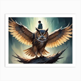 A Young Man Standing Behind A Giant Owl With Outstretched Wings Art Print