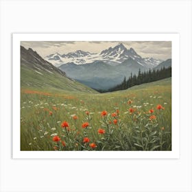 Vintage Oil Painting of indian Paintbrushes in a Meadow, Mountains in the Background 6 Art Print
