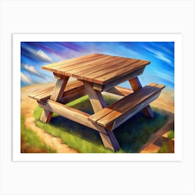 Wooden Picnic Table On Grass Art Print