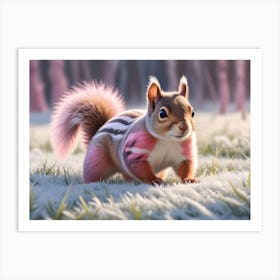 Cute Chipmunk With Pink Painted Fur Standing On A Snowy Ground, Creating A Whimsical And Playful Scene Art Print