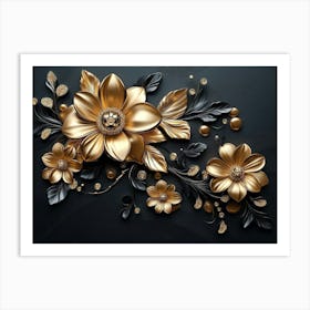 3d Artwork Illustration Background With Golden Jewelry And Flowers, In Black Design 1 Art Print