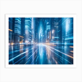 Blurry City Street At Night, Blue Streaks Of Light Art Print