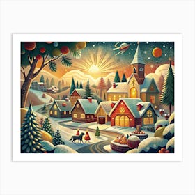 Magical Winter Village At Sunset With A Flying Saucer Art Print