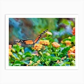 Monarch Butterfly Amid Blooming Lantanas. A stunning monarch butterfly perches delicately on a cluster of yellow and orange lantana flowers, set against a blurred, colorful background that accentuates the vibrancy of the scene. Art Print