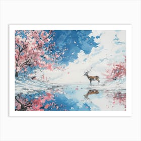 Deer Under Sakura Art Print