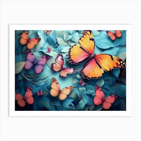 Butterflies On A Blue Background Art Print