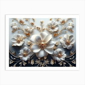 Majestic 3d Artwork Design, White and Blue Tones, Golden Jewelry, Floral Motifs, Black Art Print