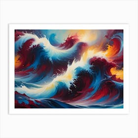 Colorful Abstract Painting Of Swirling Waves In Red, Blue, Yellow, And White Hues, Evoking A Sense Of Energy And Movement Art Print