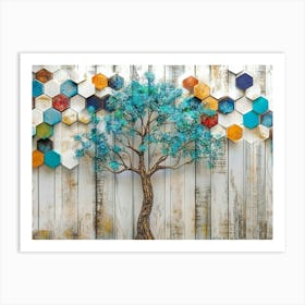 Lattice Overlay on Oak Showcasing a Turquoise Tree Against a Backdrop of Colorful Hexagons Art Print