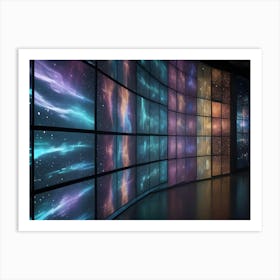 A Large, Curved Wall With Multiple Screens Displaying Abstract Digital Patterns In Shades Of Blue, Pink, And Orange Art Print