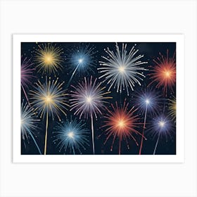 Watercolor Style Illustration Of A Fireworks Display In Various Colors Against A Dark Background Art Print