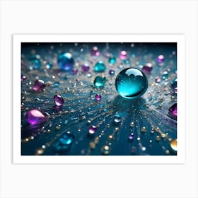 Abstract Composition With Colorful, Glassy Spheres On A Blue Surface With Golden Lines Radiating Outward, Creating A Dazzling Effect Art Print