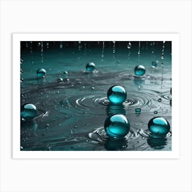 Teal Colored Water Droplets, Some Encased In Reflective Spheres, Create Ripples And Splashes On A Dark Surface Art Print