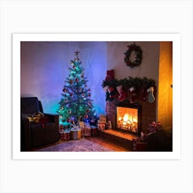 Cozy Christmas Eve Setting Crackling Fireplace Aglow In Living Room Corner Sparkling Tree Adorned Art Print