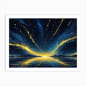 A Magical, Abstract Landscape With A Glowing Sunset And Streaks Of Golden Light Shooting Across The Sky, Reflecting On A Calm Lake Art Print