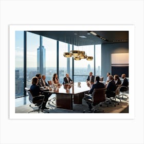 Confident Ceo Seated At The Head Of A Sleek Gleaming Mahogany Conference Table Leading An Energize (3) Art Print