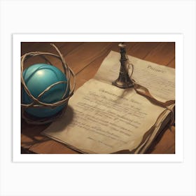 A Magical, Mystical Scene With A Blue Orb Nestled In A Wicker Cage, Accompanied By A Silver Scepter And An Old, Handwritten Book Art Print