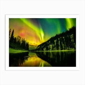 Scenic View Of Aurora Borealis Stretching Over A Lake At Night Art Print