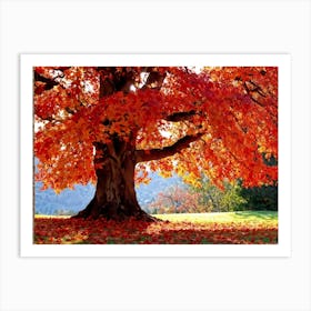 An Autumn Oak Tree Abundantly Lit Branches Spreading Widely Spanning A Slim Sleek Card Leaves Bla (1) Art Print