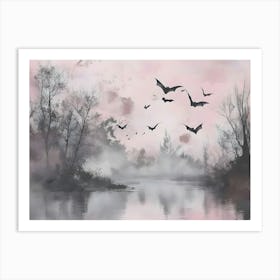 Bats Flying Over A Lake Art Print