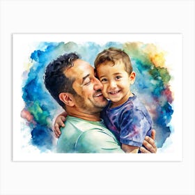 Watercolor Portrait Of Father And Son 1 Art Print