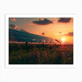 Solar Panels In The Field At Sunset Art Print