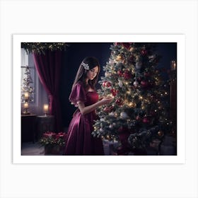 Girl Decorating A Christmas Tree Art Print