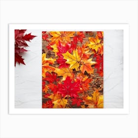 Bright Botanical Art Featuring Fall Foliage Vibrant Red Orange And Neon Colors Framing A Golden M Art Print