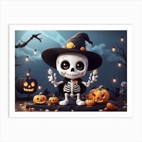 Halloween Skeleton With Pumpkins Art Print