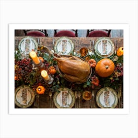 Thanksgiving Feast Elegantly Arranged Rustic Table Setting Autumnal Color Palette Rich Textures Art Print