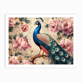 Seamless Floral Leather And Peacock Art Exotic Oriental Design 1 Art Print