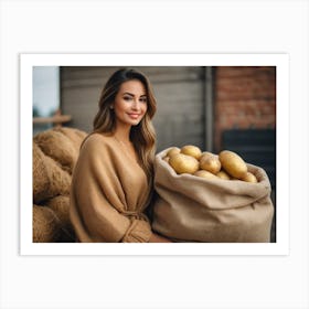 Young Woman Holding Sack Of Potatoes Art Print