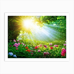 Beams Of Sunlight Filtering Through A Canopy Of Lush Green Leaves Highlighting An Explosion Of Vibr 2 Art Print