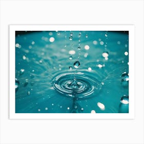 Close Up Shot Of Water Droplets On A Teal Surface, With One Large Droplet In The Center And Smaller Droplets Scattered Around It Art Print