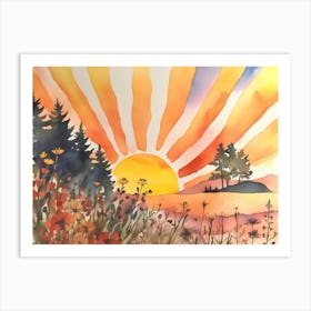 Sunset In the Mountains, Boho Landscape, Wildflowers 1 Art Print