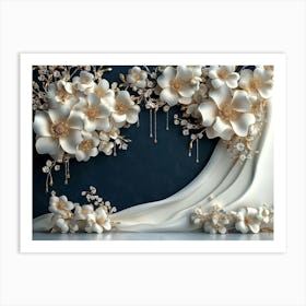 3d White and Blue Background Adorned with Golden Jewelry and Flowers Art Print