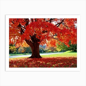 An Autumn Oak Tree Abundantly Lit Branches Spreading Widely Spanning A Slim Sleek Card Leaves Bla (4) Art Print