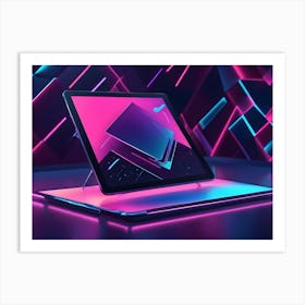 A Tablet Computer With A Blank Screen Is Displayed On A Black Background With Neon Geometric Patterns Art Print