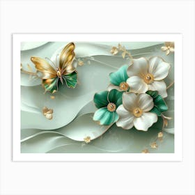 3d Art Abstract Floral Background With Green Flowers And Golden Butterfly 1 Art Print