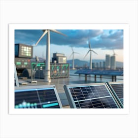 Bank Of Monitors Displaying Data, With Wind Turbines And A Cityscape In The Background Art Print